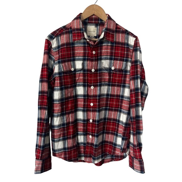 American Eagle Classic Red White Plaid Flannel Button Down Shirt Men’s Medium - Picture 1 of 3